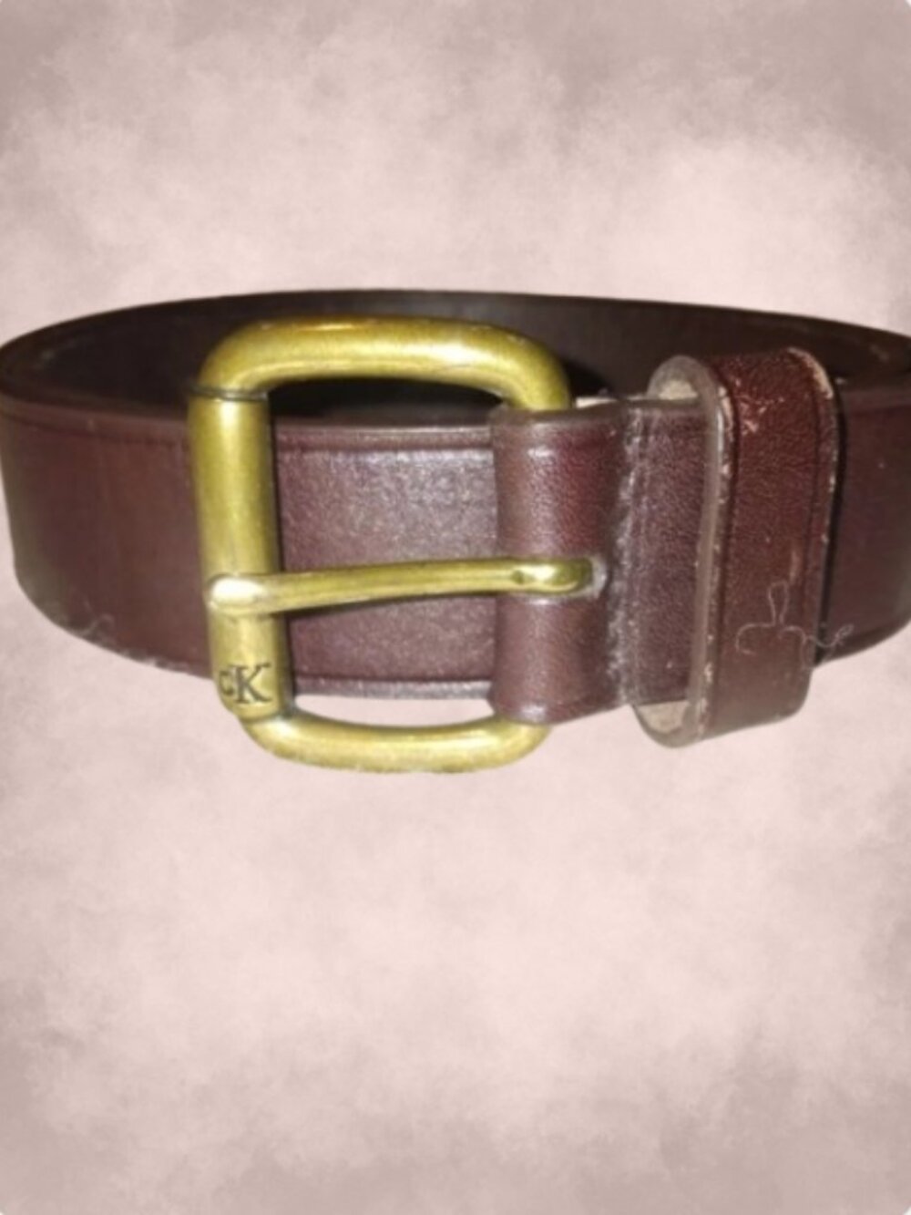Calvin Klein Cognac Leather Belt L Brass Roller Buckle Quiet Luxury Classic Chic